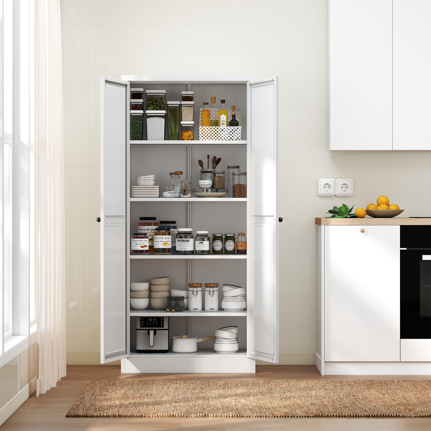 SESSLIFE 61" Modern Farmhouse Pantry Cabinet with Adjustable Shelves, Heavy-Duty White Metal Freestanding Organizer, Magnetic Closure and Anti-Tip for Kitchen/Pantry/Living Room