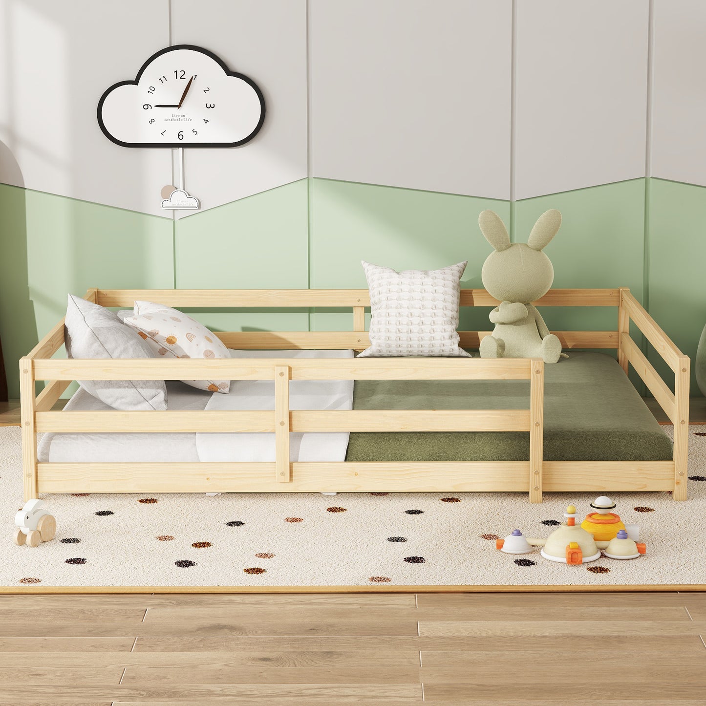 Sesslife Twin Size Floor Bed with Door and Fence, Wood Twin Floor Platform Bed with Slats, Toddler Bed for Kids Boys Girls, Montessori Bed, No Box Spring Needed, Oak