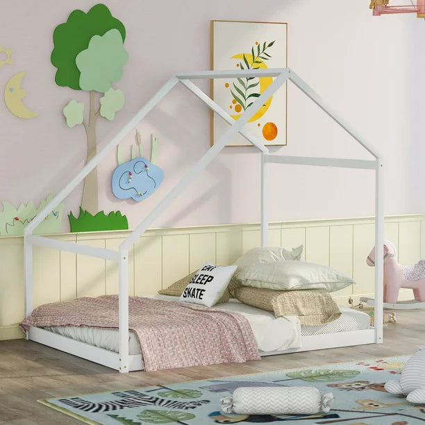 Sesslife Twin House Bed with Roof, Kids Floor House Bed Frame, Box Spring Needed, Easy Assembly, White