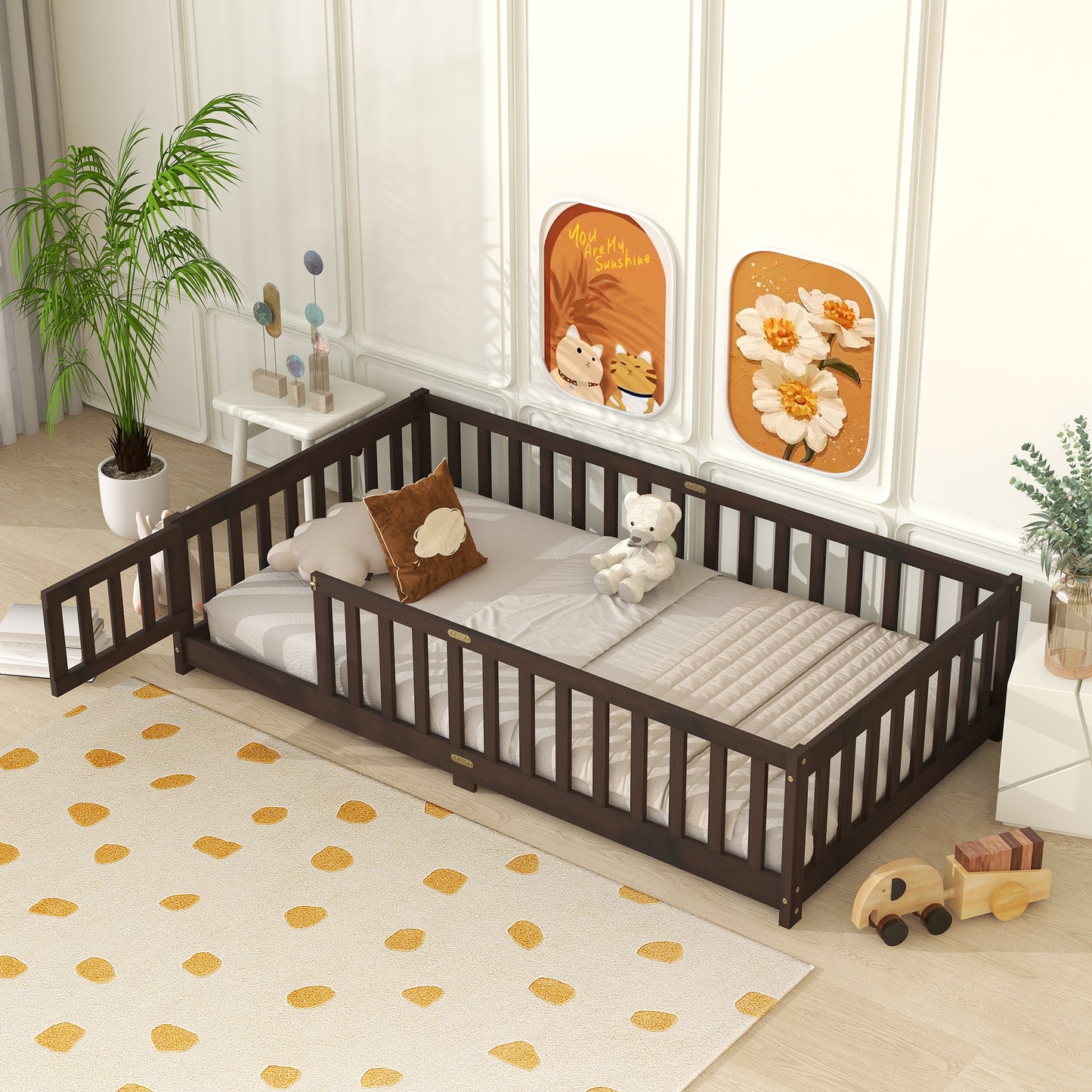 SESSLIFE Twin Size Floor Bed with Safety Fence, Low Profile Platform Bed Frame with Guardrails, Solid Wood Floor Bed with Slats, No Box Spring Needed, White
