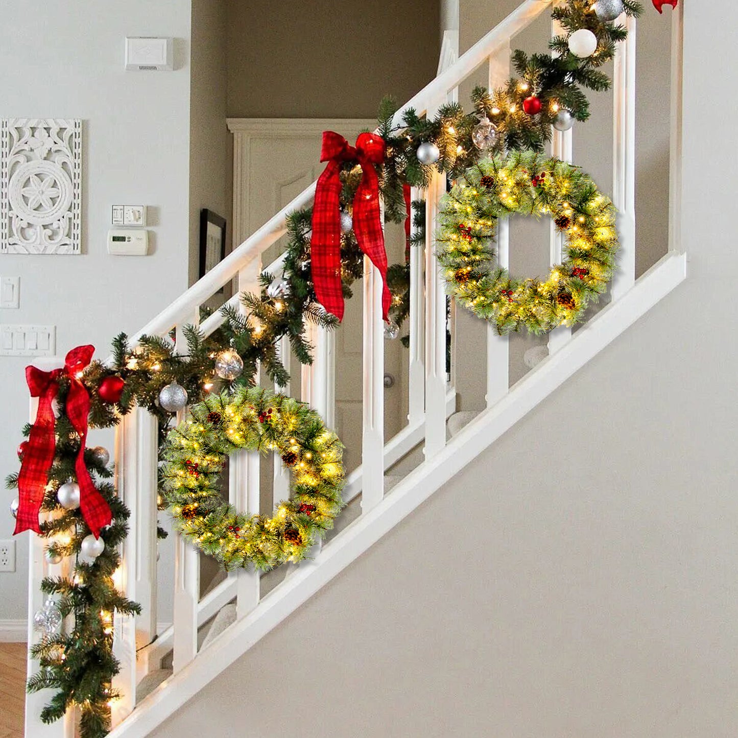 SESSLIFE 2Pcs Christmas Wreath, 24 Inch Pre-Lit Artificial Xmas Wreaths with 100 Warm White LEDs and Pine Cones, Battery Powered Artificial Wreaths for Indoor and Outdoor Decor
