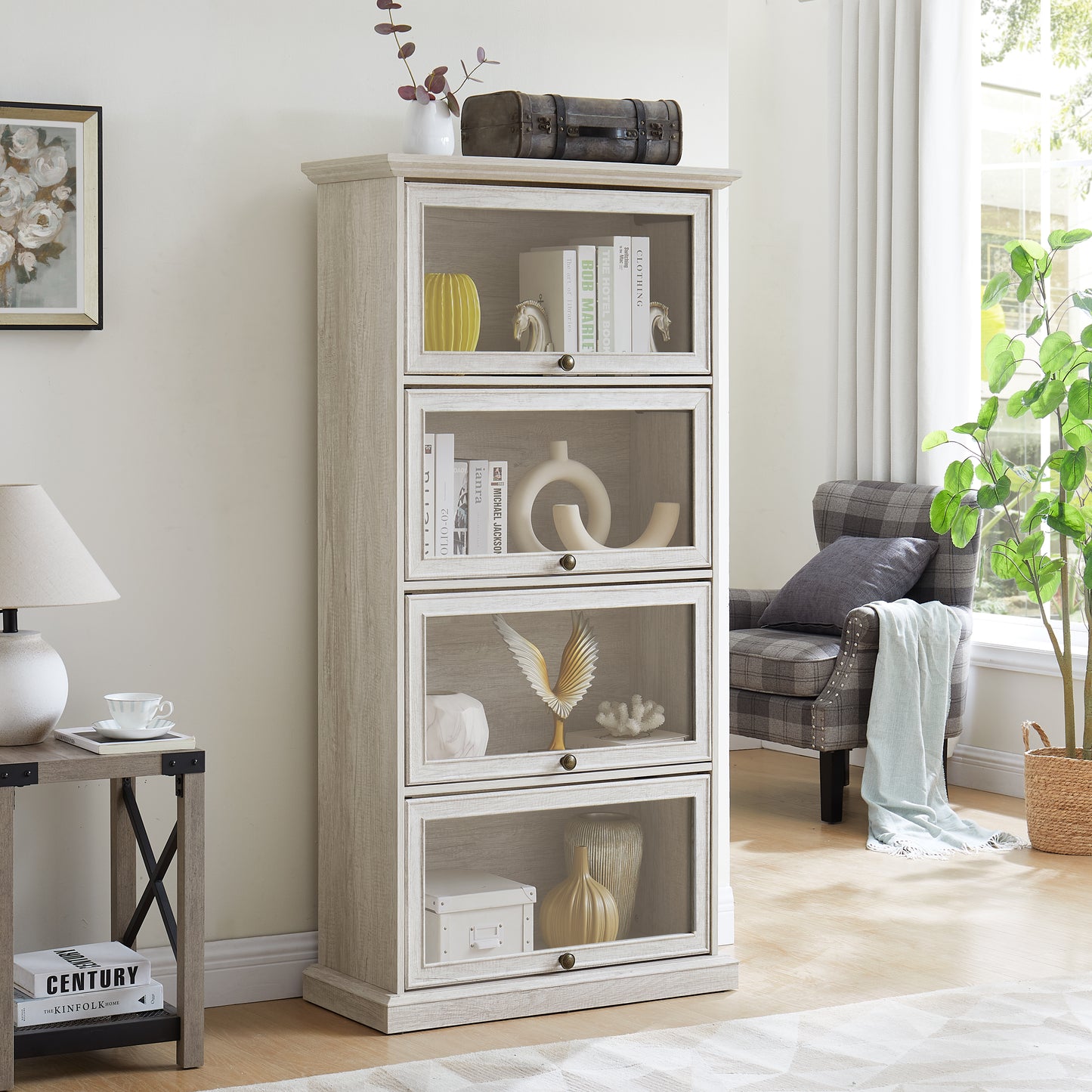 SESSLIFE 4 Tier Glass Display Cabinet with Flip Up Glass Doors, White Curio Cabinet for Collectibles, Books and Toy Figures, Modern Storage Bookcase for Living Room Bedroom Office