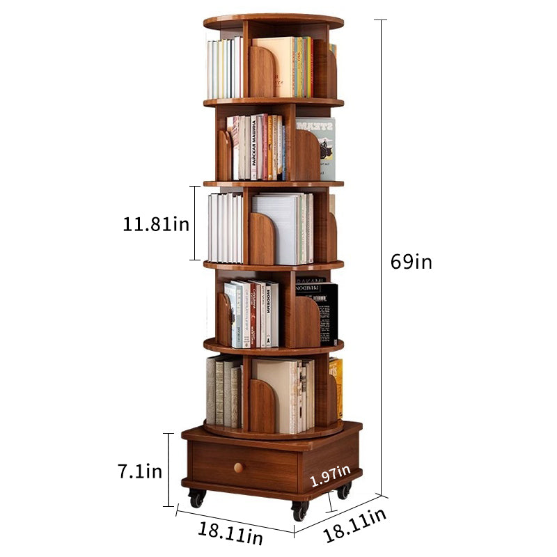 SESSLIFE 6 Tier Rotating Bookshelf, 360° Spinning Corner Bookcase for Small Space, Tall Narrow Wood Book Storage with Wheels, Space Saving Organizer for Living Room, Walnut
