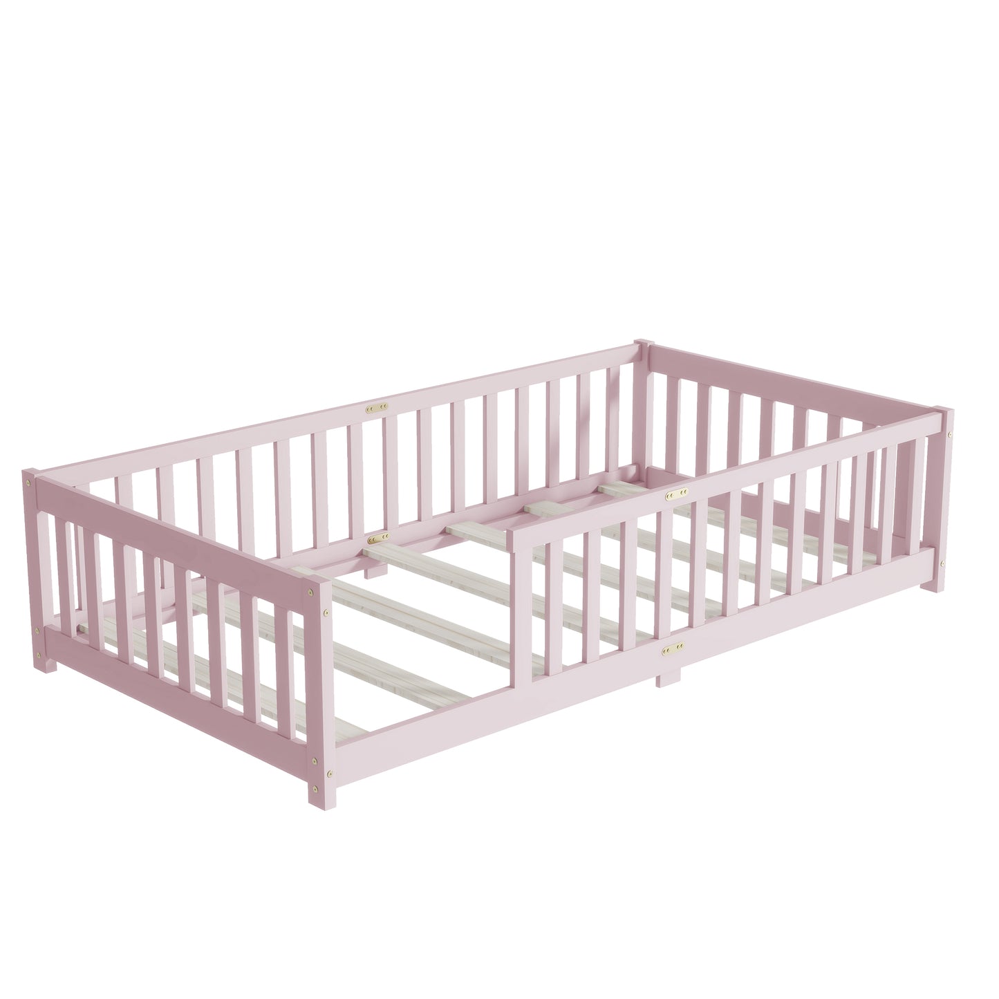 Sesslife Twin Montessori Floor Bed, Twin Size Floor Bed with Fence Without Door, Toddler Bed with Salts, Safety Guardrails, No Box Spring Needed, Twin Bed for Kids Girls, Boys, White