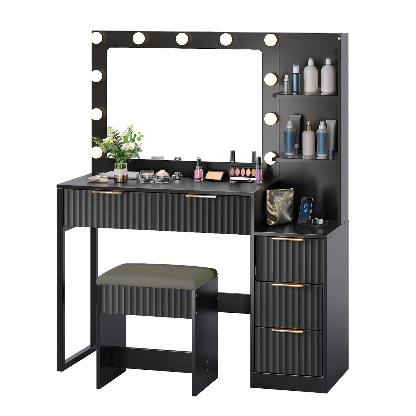 SESSLIFE Professional Lighted Vanity Desk with Mirror and Power Station, Space-Saving 5-Drawer Dressing Table, Adjustable 3-Color LED Makeup Vanity, Black
