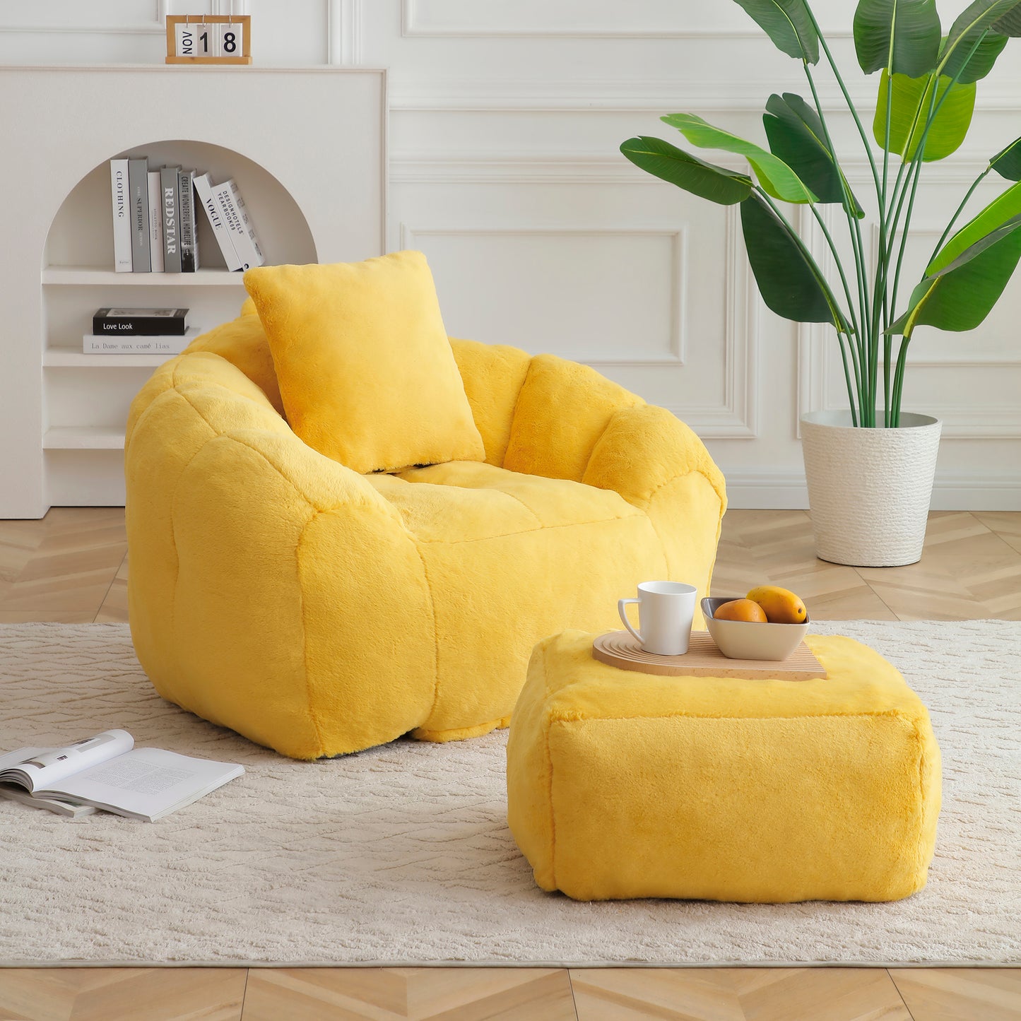SESSLIFE Oversized Faux Fur Bean Bag Chair with Footstool, Giant Bean Bag Chair for Adults, Shell Shape Bean Bag Couch, Floor Sofa for Gaming Reading Living Room, Light Blue