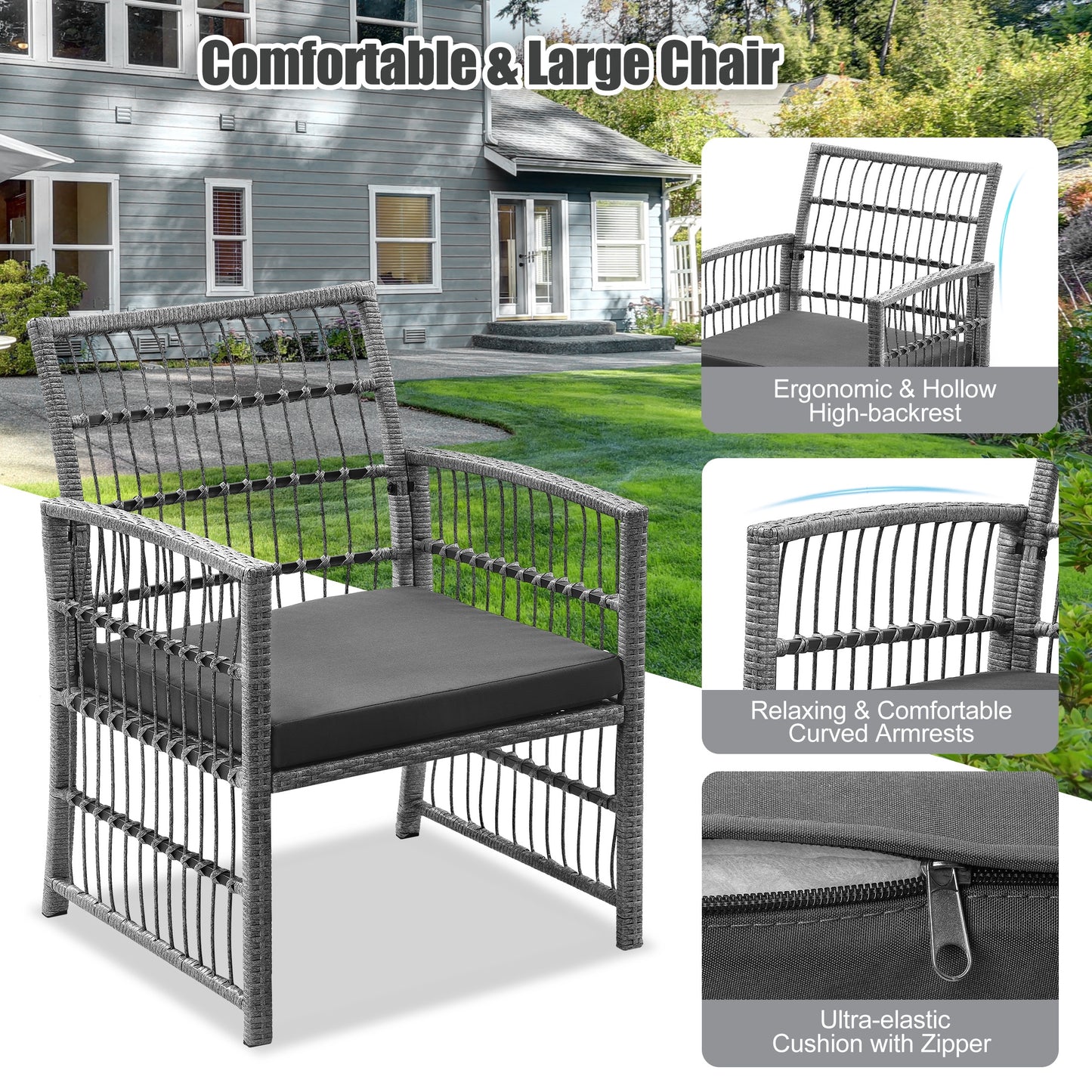 Wicker Patio Conversation Set, 5 Pcs Outdoor Sofa Set with Ottomans and Coffee Table, All-Weather Outdoor Furniture for Backyard Front Porch Deck Balcony, Brown Rattan+Gray Cushion