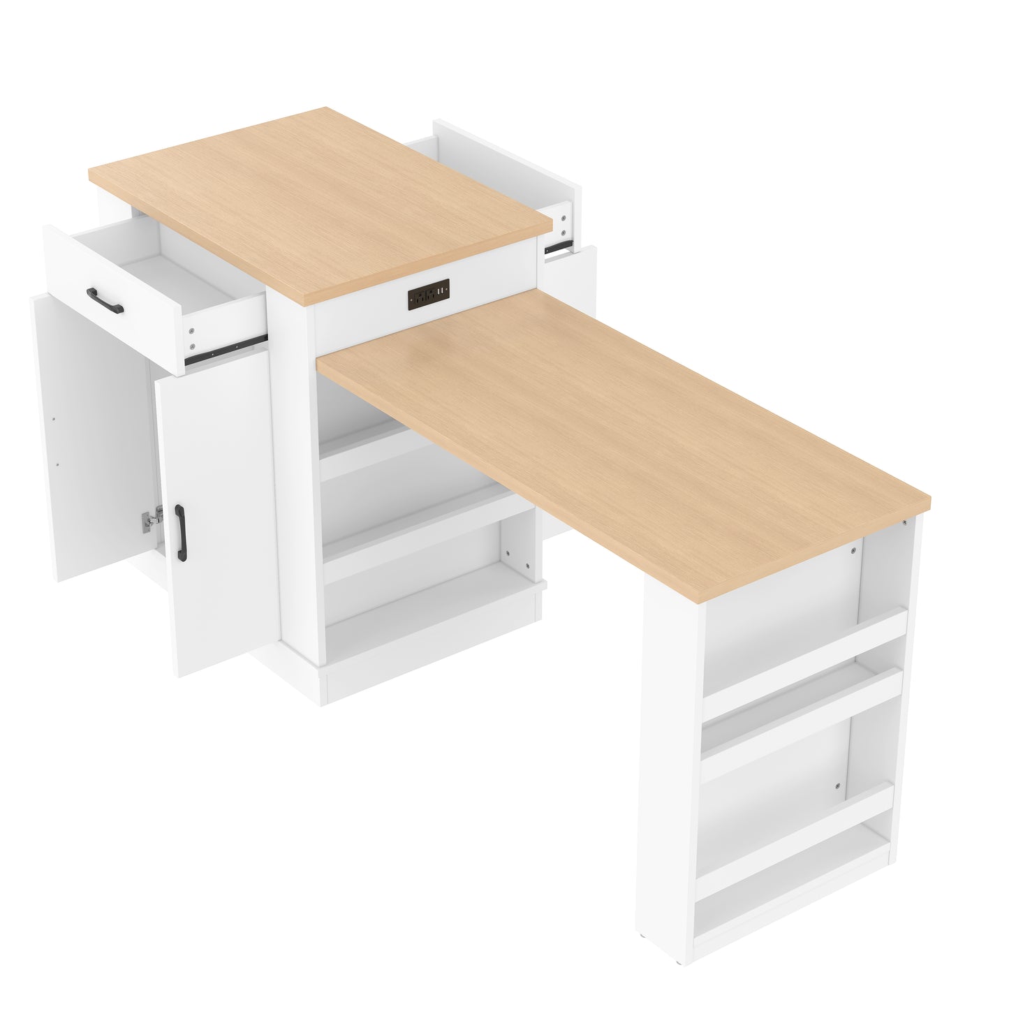 Large Extendable Kitchen Island for Family Use, Dining Table and Breakfast Bar with Storage Drawers, Cabinet Doors and Open Shelves, Ideal for Kitchen and Dining Room, White