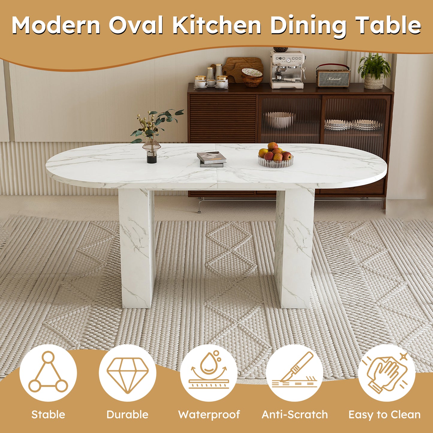 SESSLIFE Oval Dining Table, 62.9'' Modern Farmhouse Dining Table with with Wood Strip Base, Kitchen Table for Home and Office, White Marble Finish