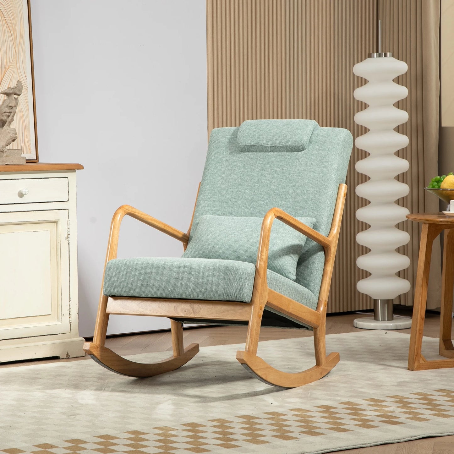 Modern Rocking Chair with Padded Lumbar Pillow, Upholstered Fabric Accent Chairs with Solid Wood Frame for Living Room Bedroom Playroom, Beige