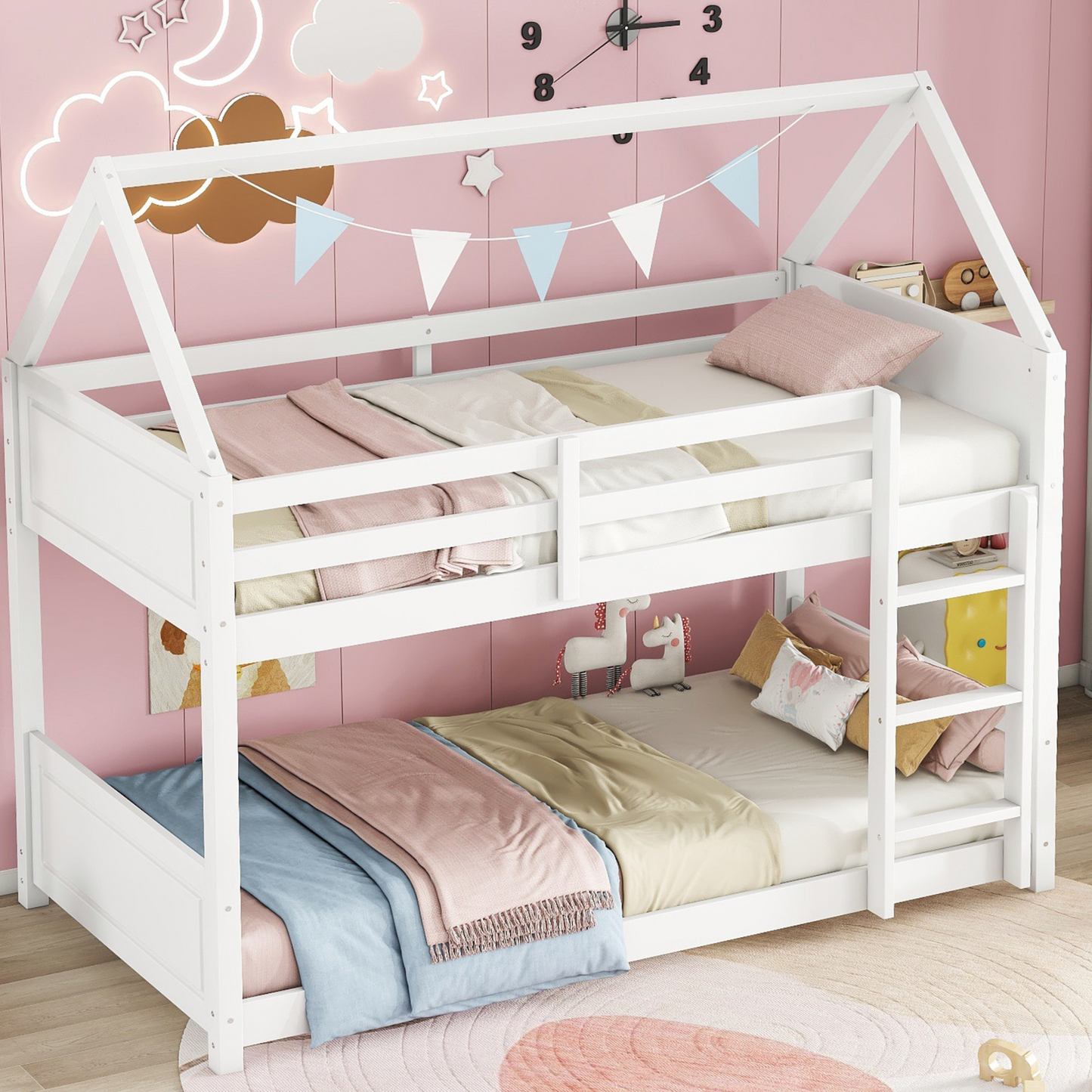 SESSLIFE Bunk Bed Twin Over Twin, Low Floor Bunk Bed with Guard Rails for Dorm, Small Space, No Box Spring Needed(White)
