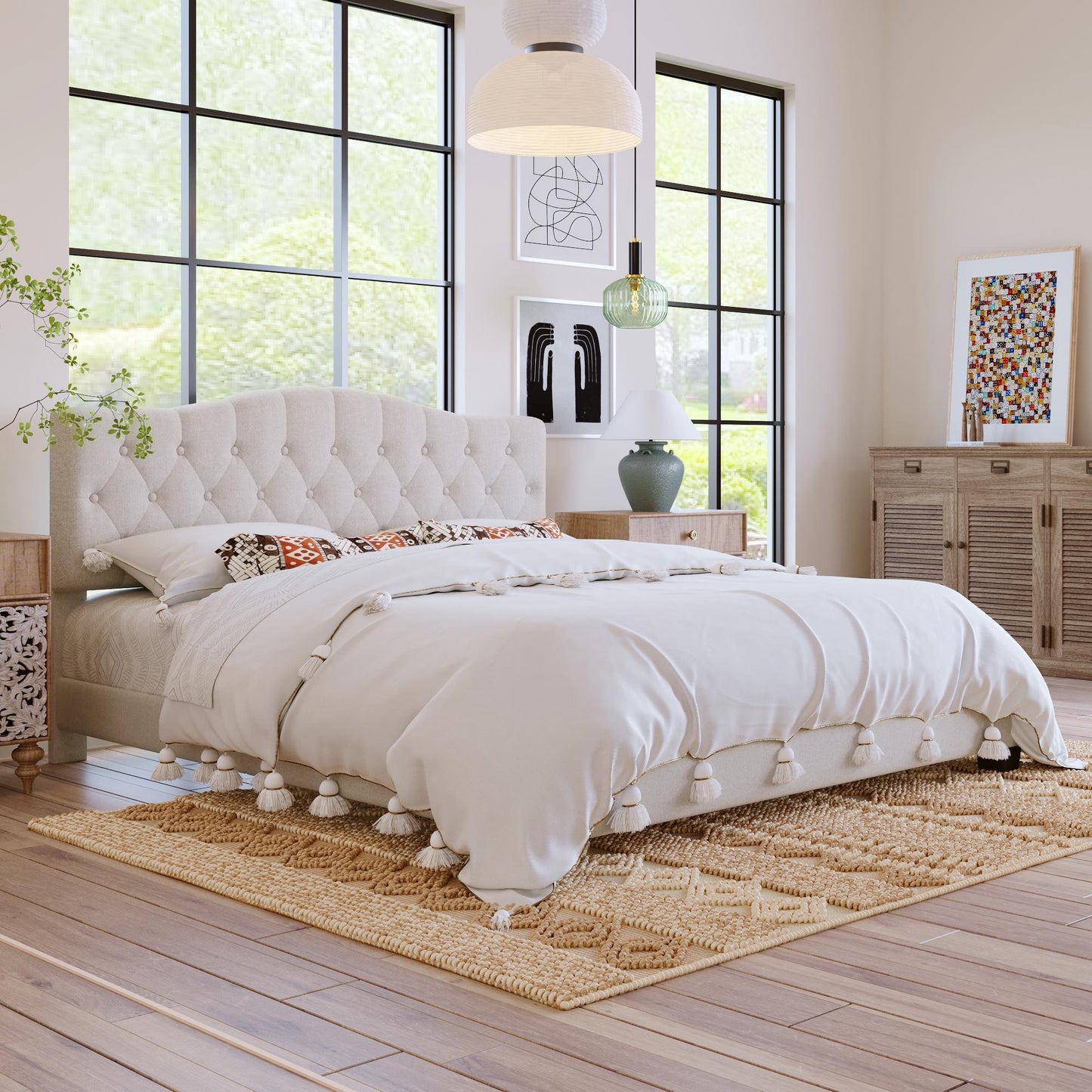 PORKISS Full Bed Frame Upholstered Platform with Headboard and Wooden Slats Support, Beige