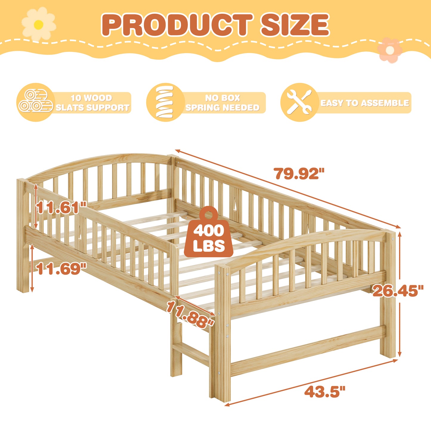 SESSLIFE Twin Size Platform Bed for Kids, Solid Wood Toddler Bed Frame with Slats, Fence Guardrail Ladder, Montessori Floor Bed for Boys Girls, No Box Spring Needed, Holds 400 lbs, Natural