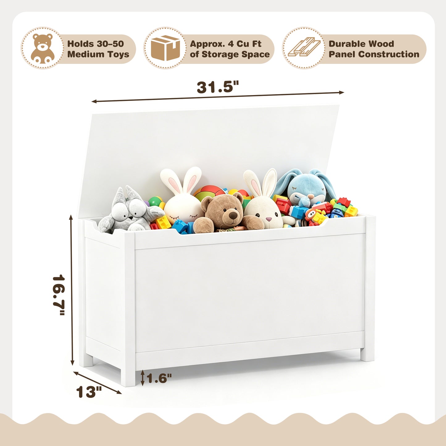 SESSLIFE Toy Storage Box with Lid, Wooden Toy Chest Seating Bench for Boys and Girls, Safety Hinged Storage Chest, Toy Organizer for Playroom Bedroom Entryway
