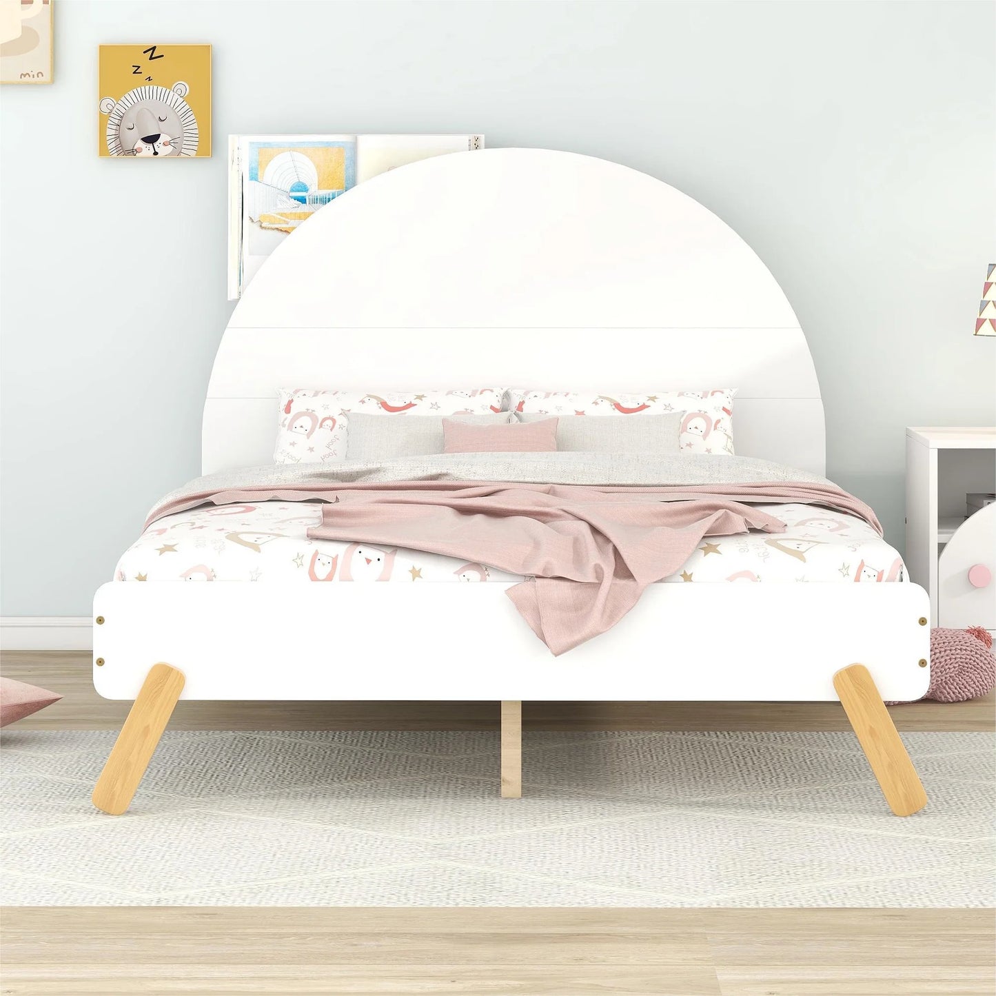 PORKISS Full Size Bed Frame with Curved Headboard, Wooden Full Bed Frame with Shelf Behind Headboard, White