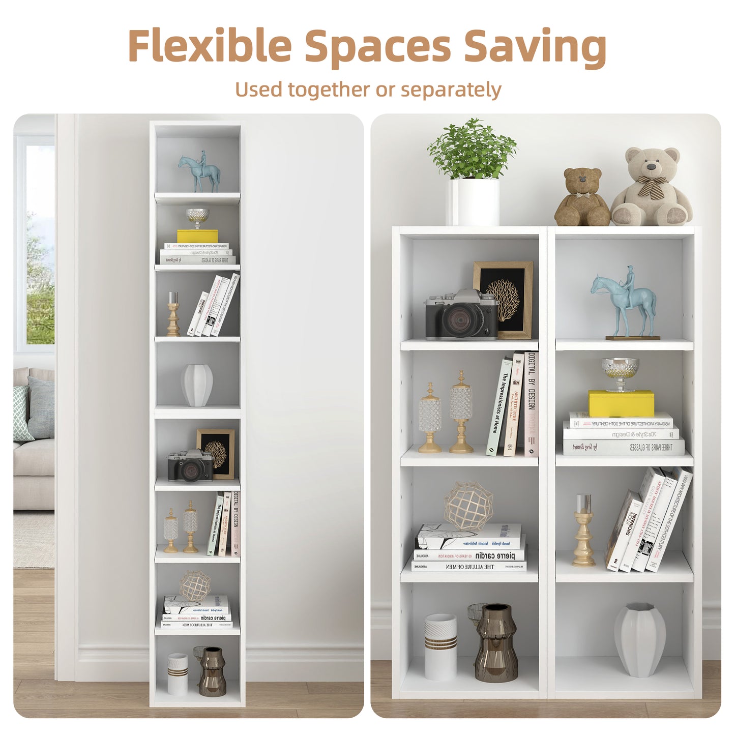 8-Tier White Bookshelf, Wood Open Display Bookshelf with Adjustable Shelves, Tall Narrow Bookcase with Slim Storage, Modern Media Tower Rack for Living Room, Home Office