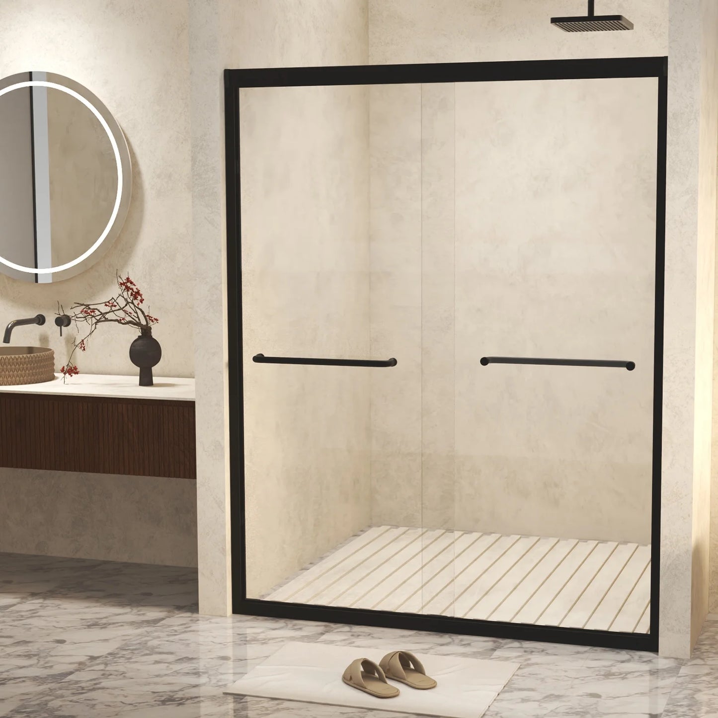 Sesslife 44-48" W x 72 in H Double Sliding Shower Door with Aluminum Frame, Modern Bathroom Shower Door with 1/4" Clear Tempered Glass and Stainless Steel Long Handles, SCGG Certified, Matte Black