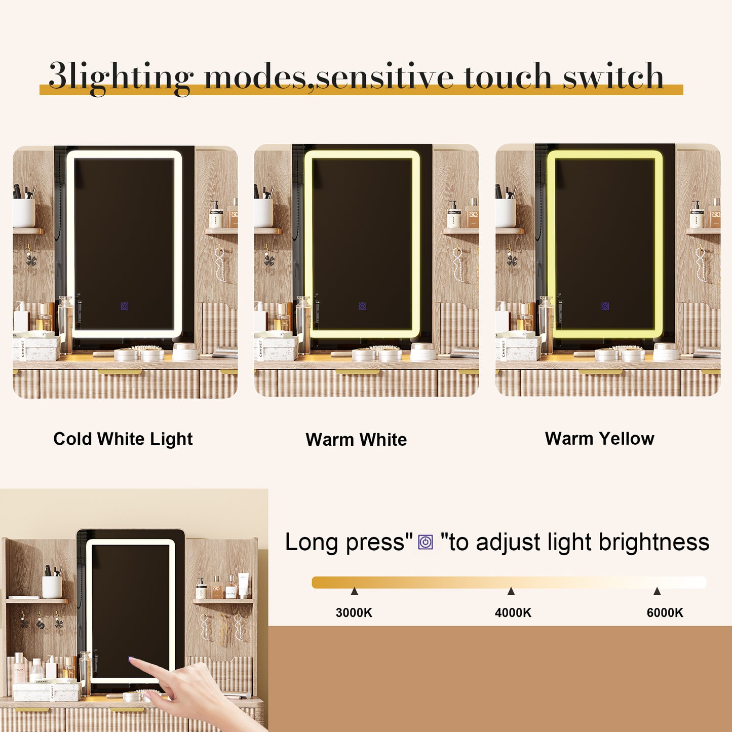 Vanity Table with Mirror and PU Stool, SESSLIFE 4-Drawer Carved Makeup Desk with LED Lighting, Elegant Dressing Table for Bedroom, Compact Design, Yellow Brown