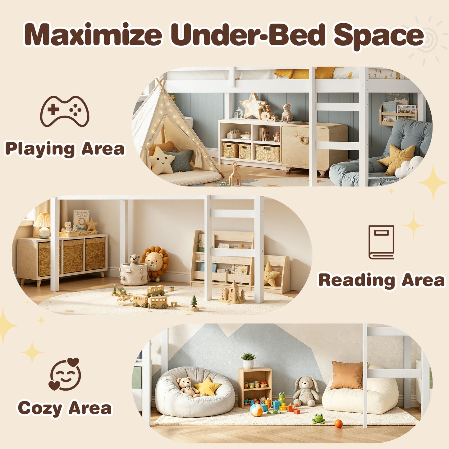 Twin Loft Bed with Ladder and Guardrails for Boys Girls, SESSLIFE Low Height Solid Wood Bed Frame, Space Saving Loft Bed with Under Bed Reading Nook, Play Area, Storage Space, White