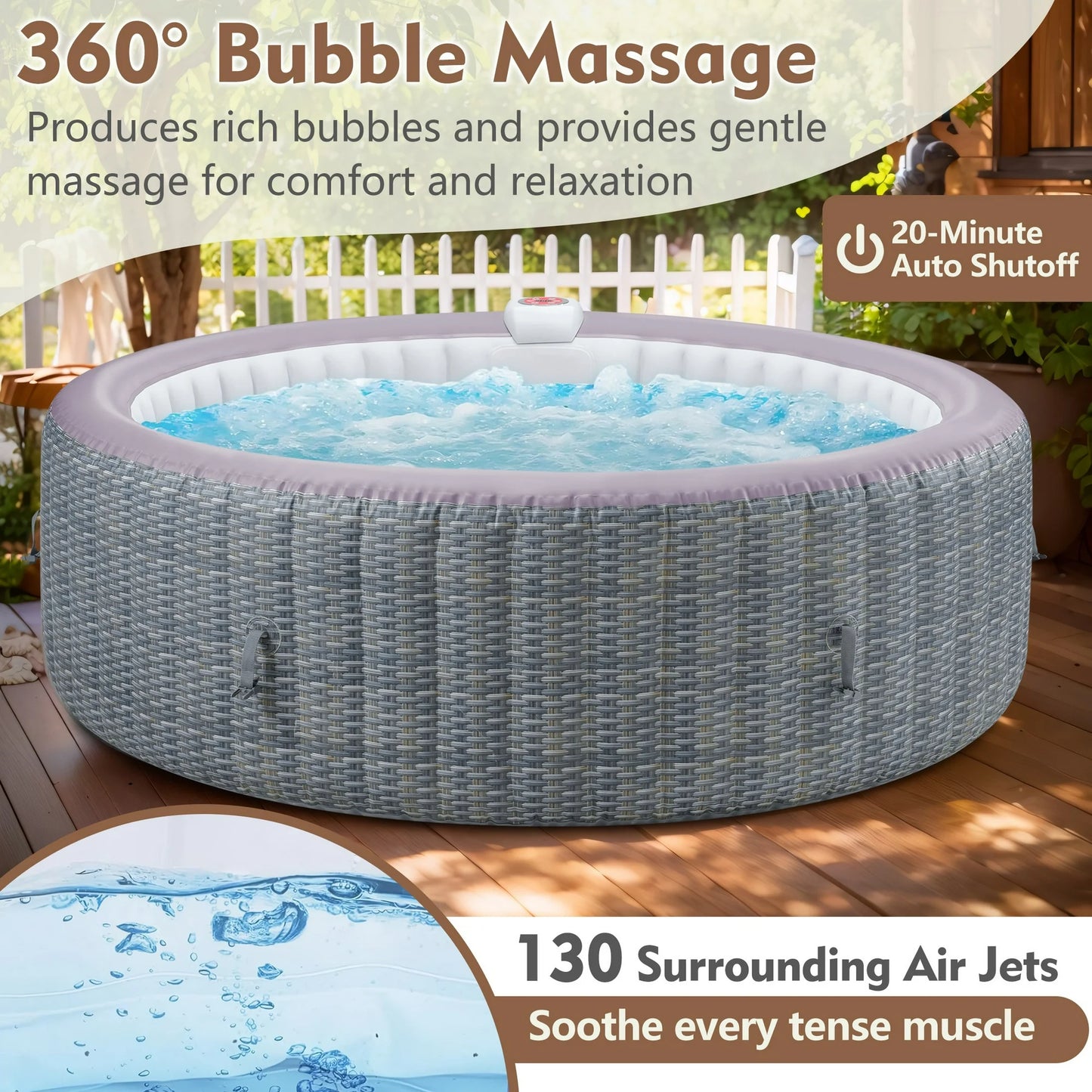 4-6 Person Inflatable Hot Tub, 82" Round Portable Outdoor Spa Hot Tub with Cover, Control Panel, 130 Jets and Filter, 1000L Blow Up Hottub