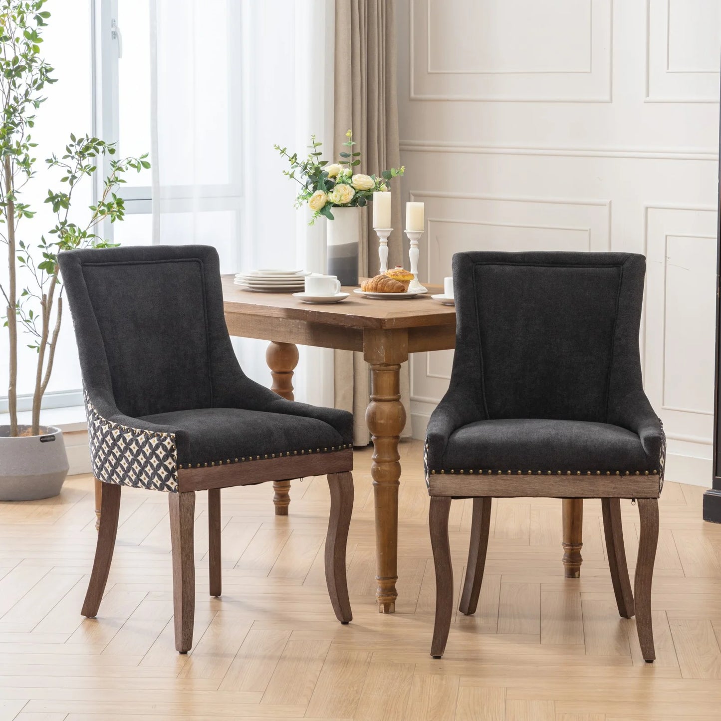 PORKISS Dining Chairs Set of 2, Thickened Fabric Chairs with Solid Wood Legs, Modern Upholstered Dining Chairs, Beige