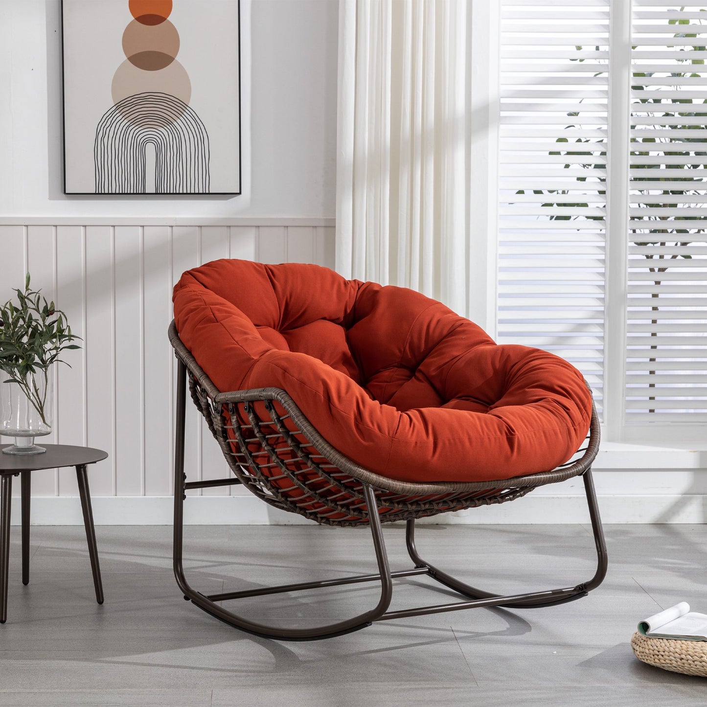 Papasan Rocking Chair Indoor and Outdoor, Patio Rocker Recliner Chair with Padded Cushion, Modern Lounge Egg Chair with Steel, Rattan Frame, Orange