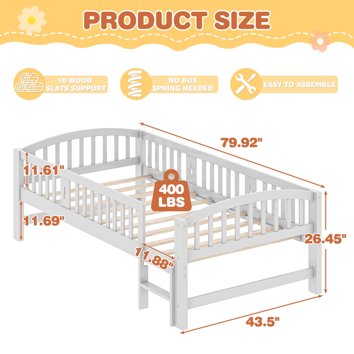 SESSLIFE Twin Size Platform Bed, Solid Wood Twin Bed Frame with Slats, Fence Guardrail Ladder, Twin Floor Bed with Strong Legs for Boys Girls, No Box Spring Needed, Holds 400 lbs, White
