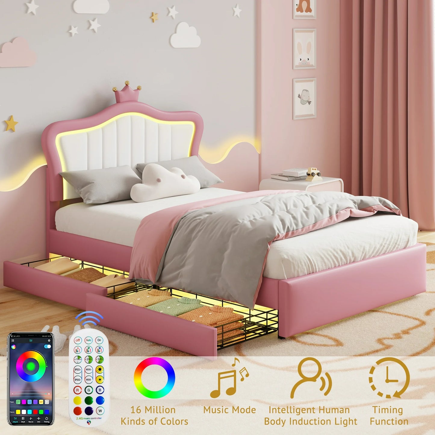 PORKISS Full Size LED Bed Frame with Drawers, PU Upholstered Bed, Princess Platform Bed with Adjustable Crown Headboard for Kids Girls, Beige