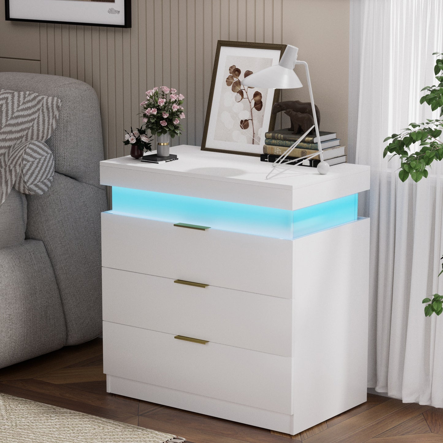 SESSLIFE Modern LED Nightstand with App and Remote Control, RGB LED Night Stand with Hidden Charging Station, Sliding Top and Drawers for Bedroom, White