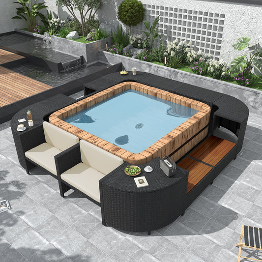 Square Hot Tub Surround Furniture, Spa Surround Outdoor Rattan Sectional Sofa Set with Mini Sofa, Solid Acacia Wood Hot Tub Storage Surround Patio Furniture Set, Beige Cushion