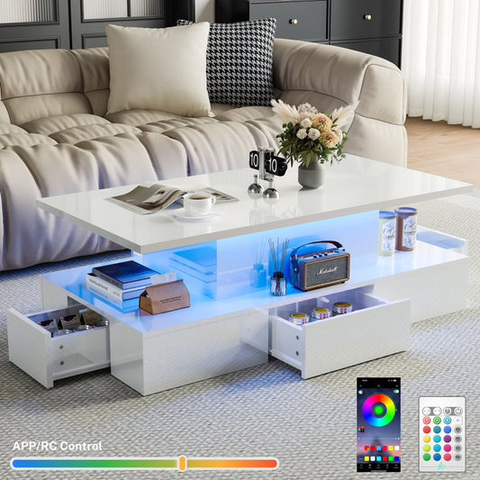Sesslife White Coffee Table with LED Lights, Modern High Gloss Coffee Tables with 4 Storage Drawers and Open Display Shelf, Wooden Rectangle 2-Tier Center Table for Living Room Bedroom, Easy Assembly