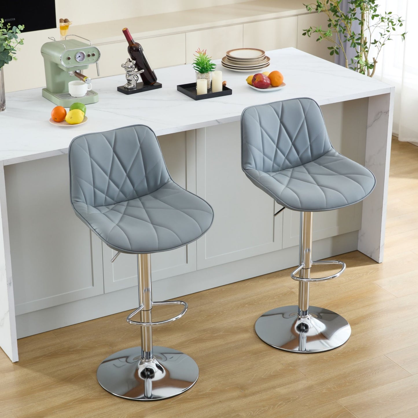 Bar Stools Set of 2, Modern PU Leather Adjustable Swivel Barstools with Back and Metal Frame, Counter Height Kitchen Island Chairs