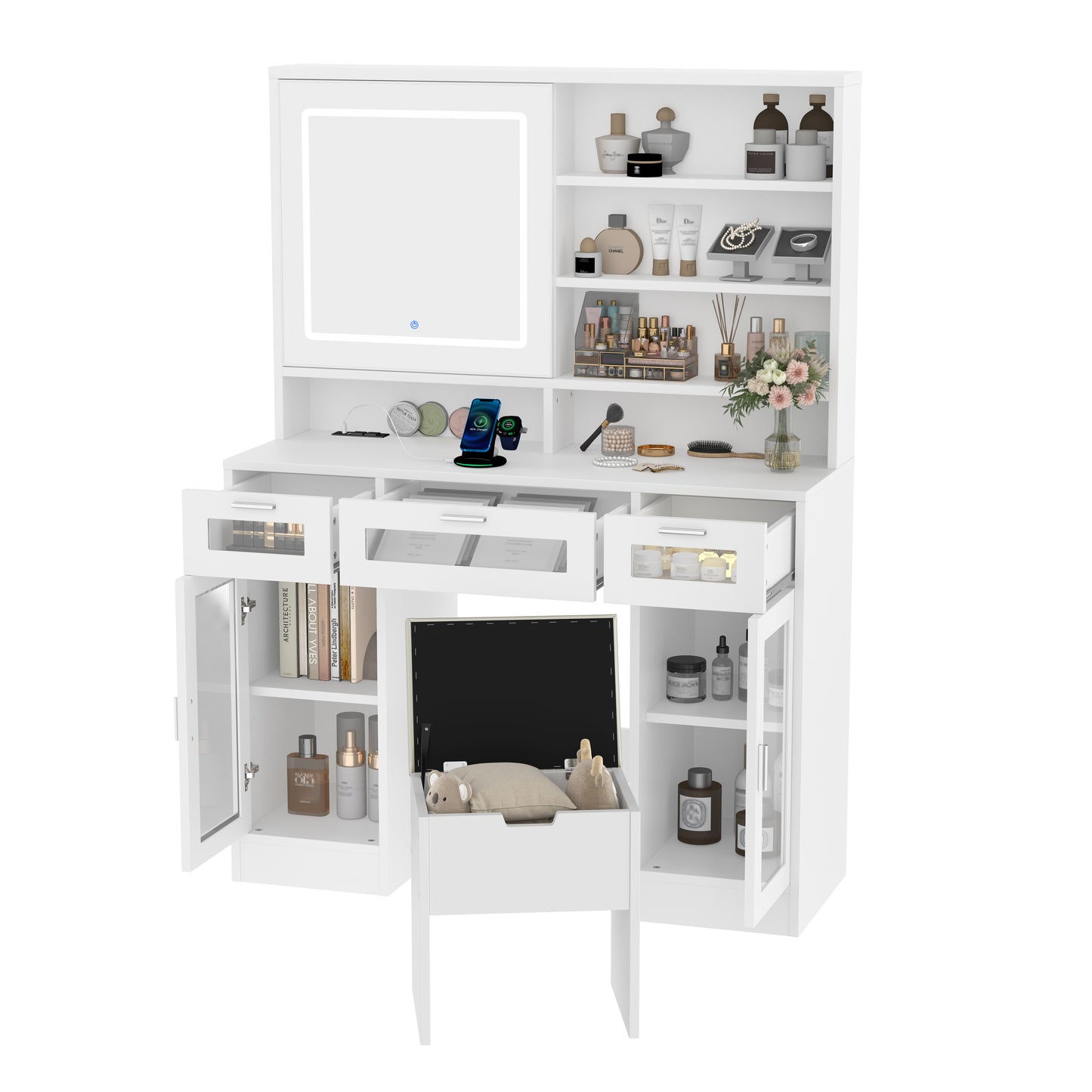 SESSLIFE Makeup Vanity Set with 3 Mode Lights and RGB Cabinet, 41.3" Dressing Table featuring a Sliding Mirror, Charging Station with AC/USB Ports, Multiple Storage Drawers, White