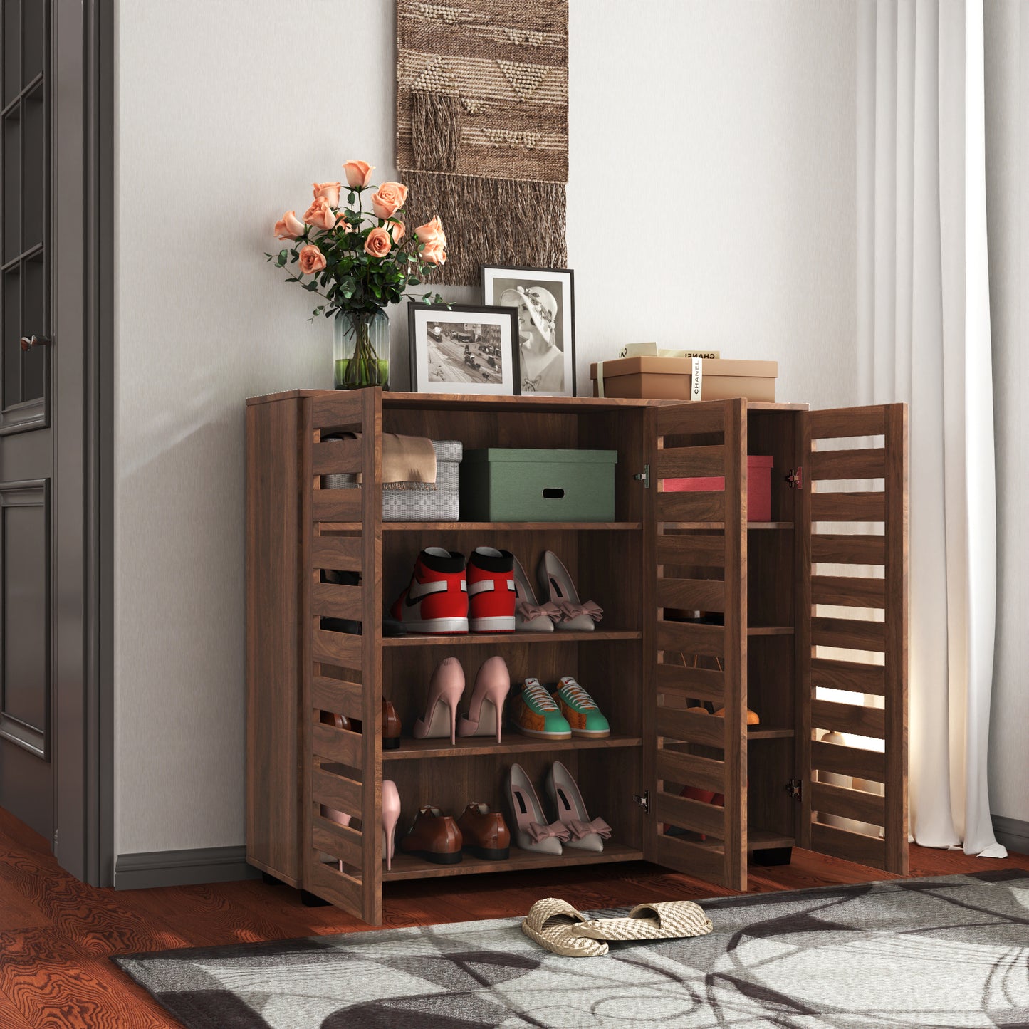 SESSLIFE Entryway Shoe Cabinet with Adjustable Shelves, 5-Tier Wooden Shoe Rack Organizer with Louvered Doors for Hallway Bedroom Closet, Walnut