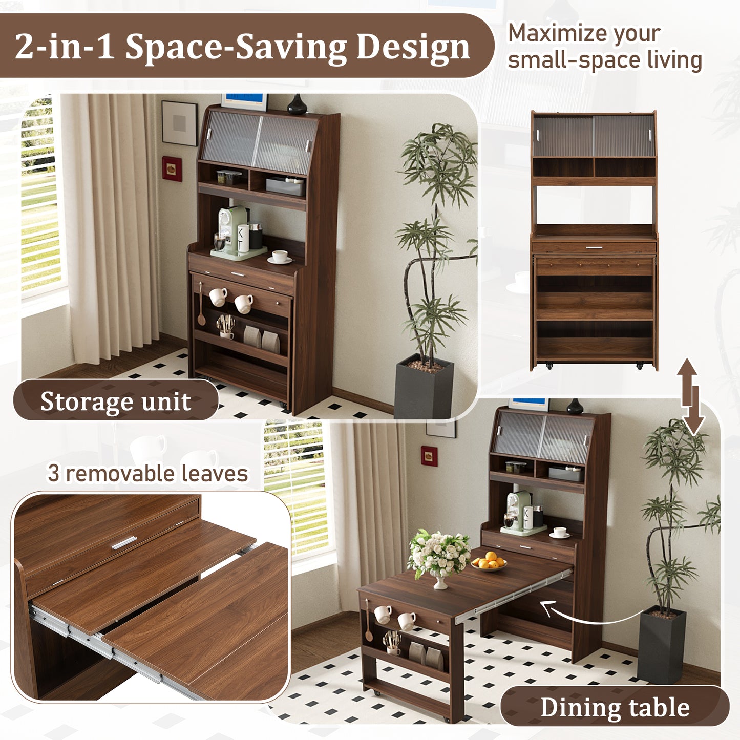 SESSLIFE Sideboard with Storage and Foldable Table, Buffet Cabinet with Hutch for Dining Room, Space Saving Design with Wheels, Farmhouse Style, Walnut