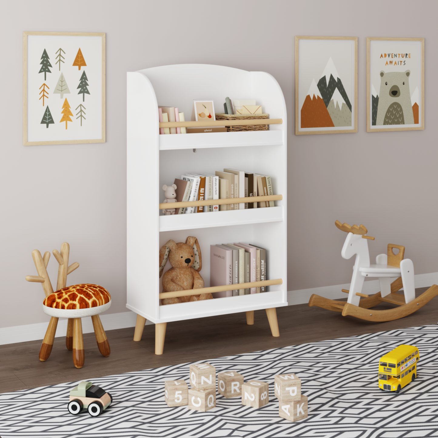 SESSLIFE 3-Tier Kids Bookshelf, Wood Kids Bookcase for Boys Girls, Modern Toy Storage Organizer for Bedroom, Playroom, Nursery, White