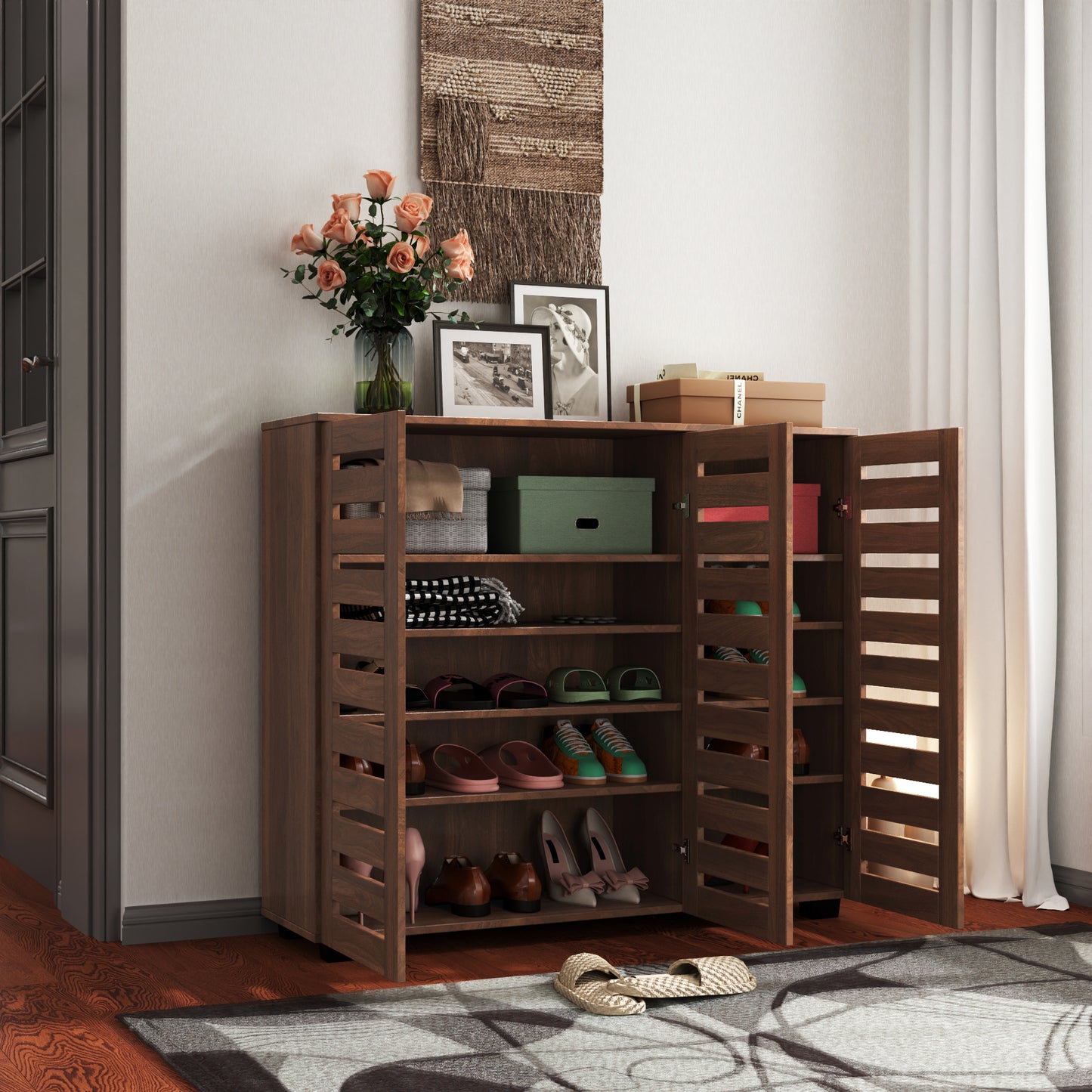 SESSLIFE Entryway Shoe Cabinet with Adjustable Shelves, 5-Tier Wooden Shoe Rack Organizer with Louvered Doors for Hallway Bedroom Closet, Walnut