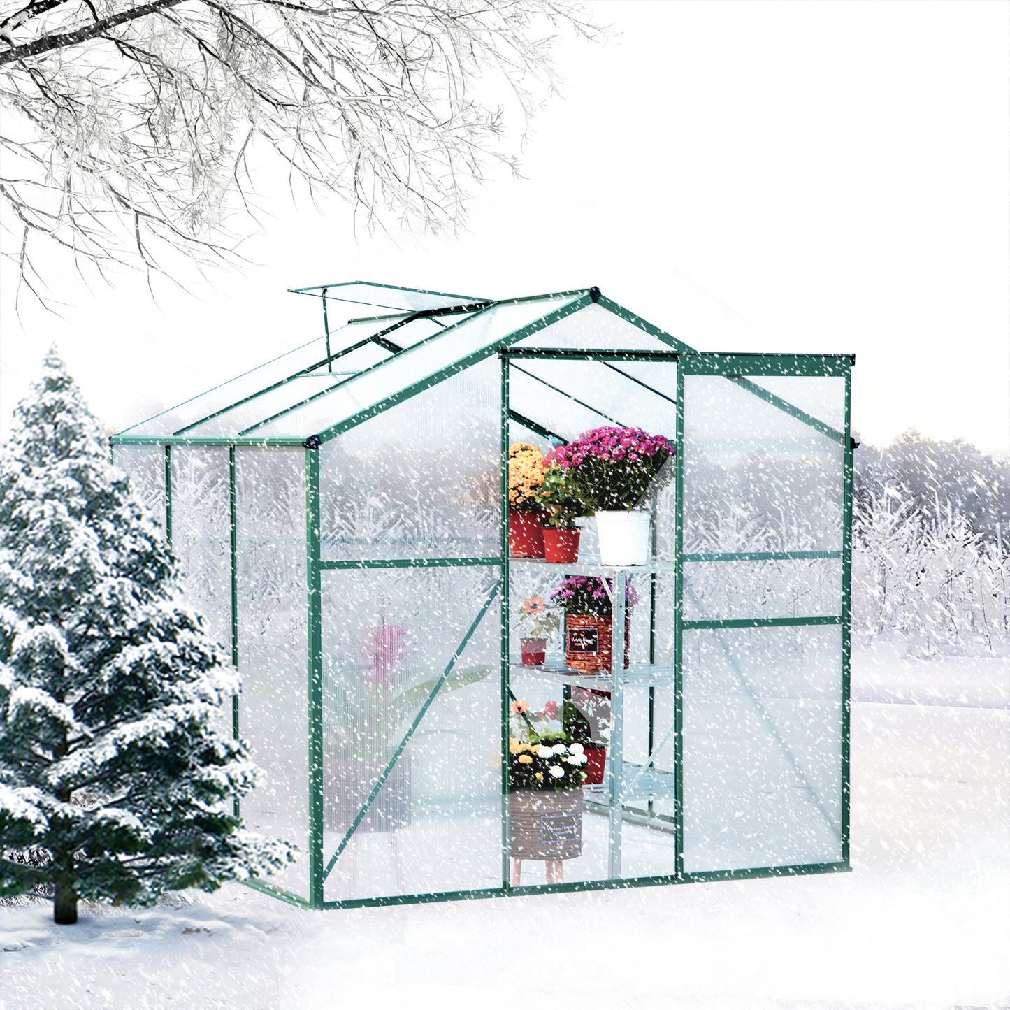 Greenhouse for Outdoors, 6.2' x 6.2' x 6.6' Aluminum Greenhouse with Window, Sliding Door