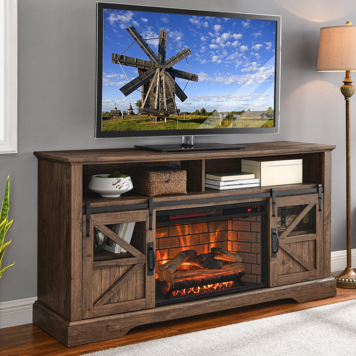 60" Electric Fireplace TV Console, Wood TV Stand with 26 Inch Fireplace Insert for TVs Up to 70", Barnwood Color Living Room Bedroom TV Stand Storage Cabinet
