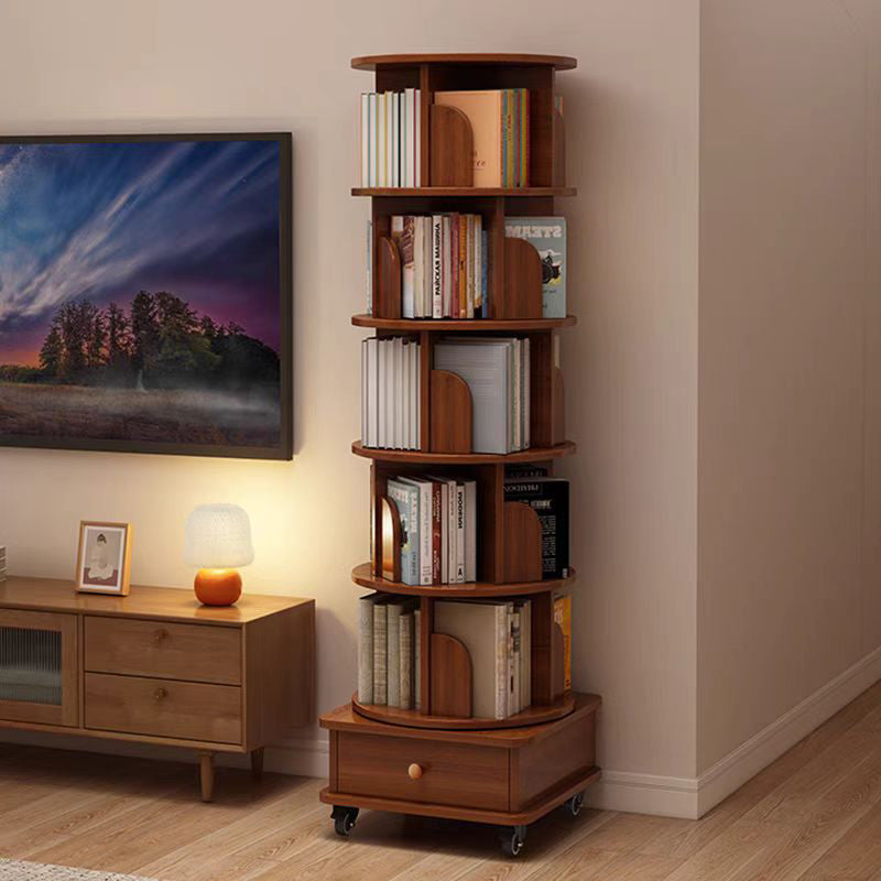 SESSLIFE 6 Tier Rotating Bookshelf, 360° Spinning Corner Bookcase for Small Space, Tall Narrow Wood Book Storage with Wheels, Space Saving Organizer for Living Room, Walnut