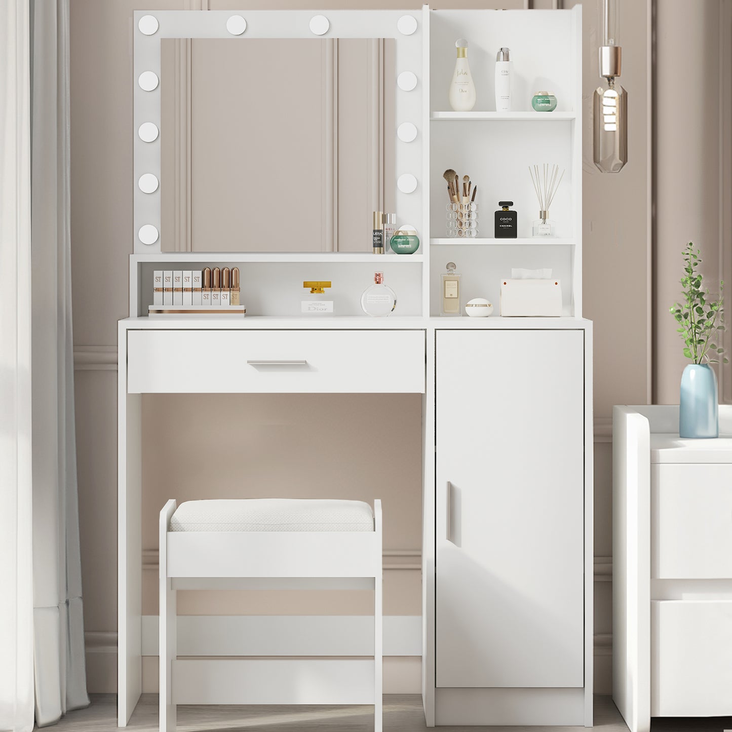Makeup Vanity, Wood Vanity Table Set with Mirror and Stool, 3 Lighting Modes Adjustable, Modern Vanity Desk with Drawer, Storage Dressers for Bedroom, White