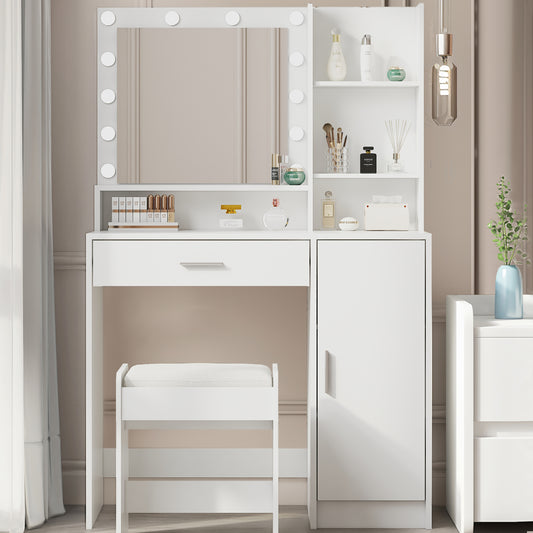 Makeup Vanity, Wood Vanity Table Set with Mirror and Stool, 3 Lighting Modes Adjustable, Modern Vanity Desk with Drawer, Storage Dressers for Bedroom, White