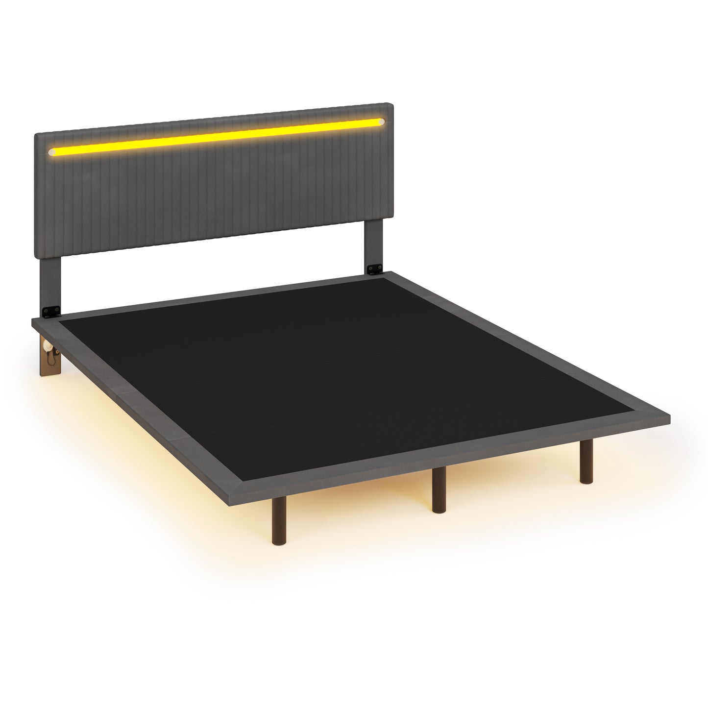 Queen Floating Bed Frame, Upholstered Velvet Platform Bed Frame with Adjustable Headboard, RGB LED Lights, Modern Queen Bed Frame with Underbed Sensor Lights, No Box Spring Needed, Beige