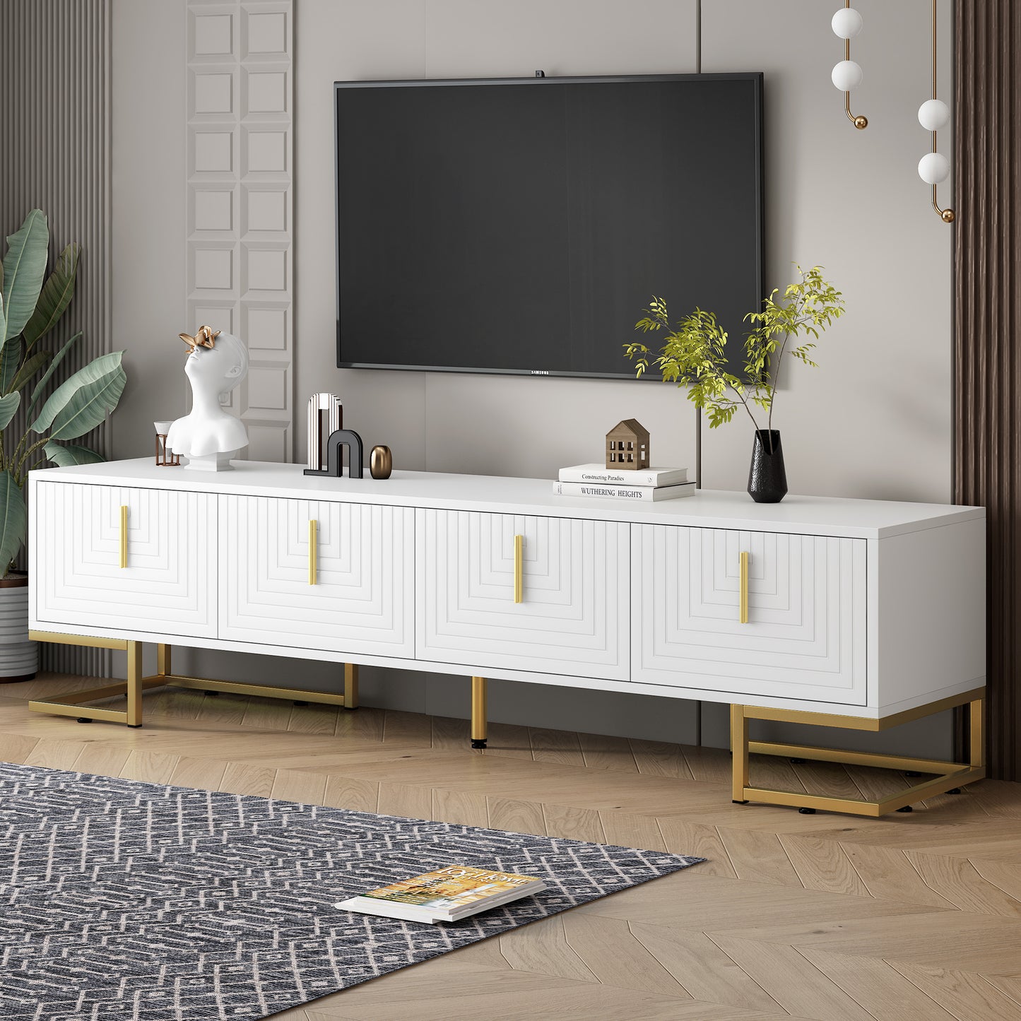 TV Stand, Modern TV Console Table with Cabinets for TVs Up to 80”, Media Console Table with Doors and Shelves, Entertainment Center for Living Room, White/Gold