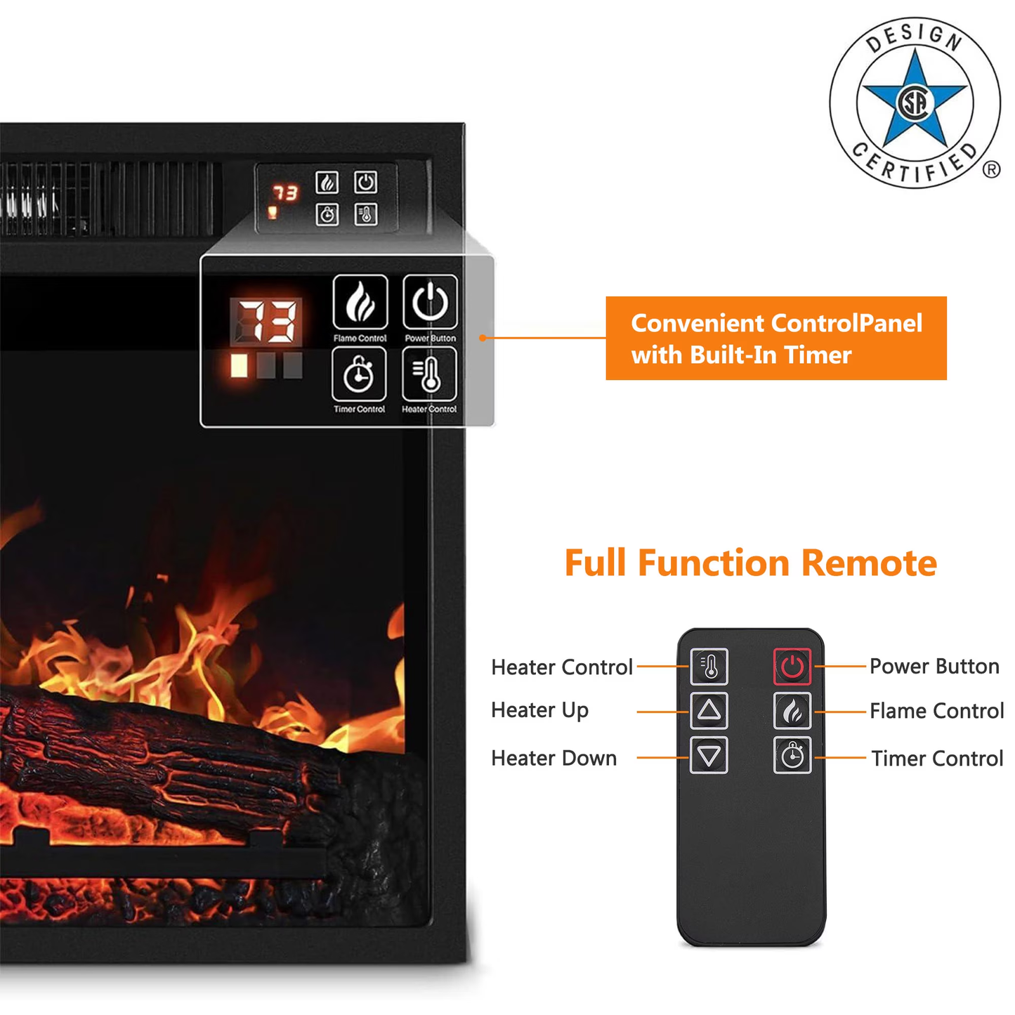 18" Fireplace Heaters for Inside, 3D Electric Fireplace Insert, 1400W Fireplace Heater, Adjustable Flame and Low Noise, CSA Certification