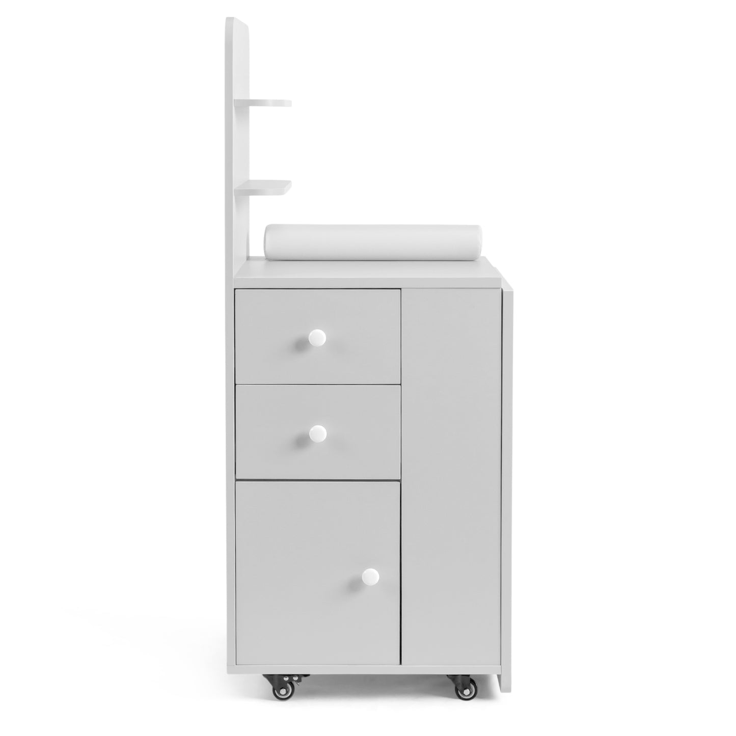 SESSLIFE Mobile Vanity Desk with 2 Drawers, Foldable Manicure Station with Cabinet Door and Storage Shelf, Portable Nail Tech Table for Home Salon and Professional Use, White