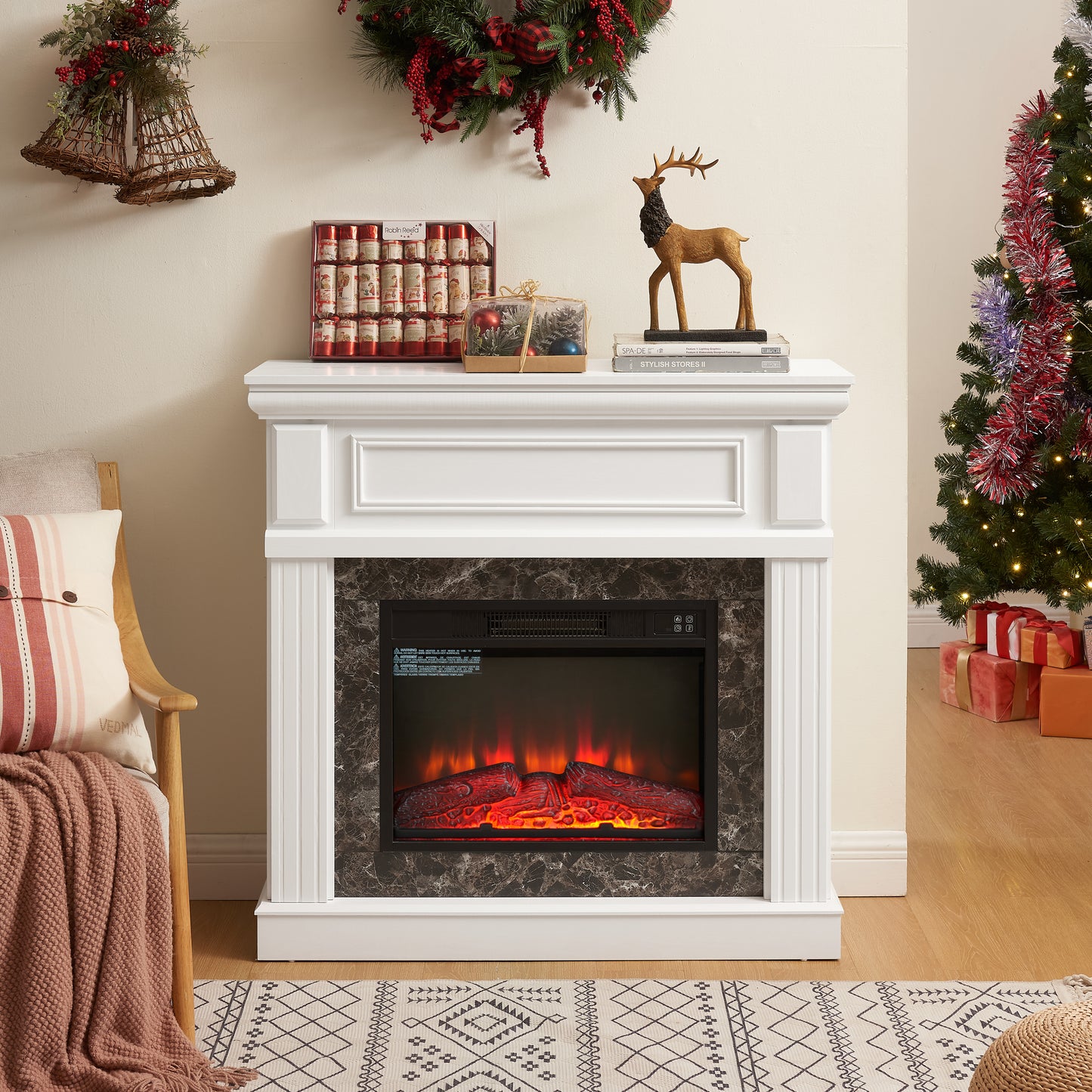 SESSLIFE 41" Electric Fireplace Heater with Mantel, Freestanding Design with 3D Adjustable Flame, Remote Control, Compact for Indoor Use, Cherry Finish, Heats Up to 400 Sq Ft