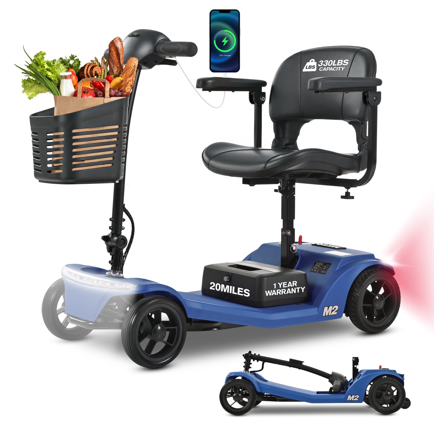 ENYOPRO Lightweight Mobility Scooters for Seniors, Foldable All-Terrain 4 Wheel Electric Mobility Scooter with Lithium Battery, USB Port, 330lbs, Car light, Basket Storage