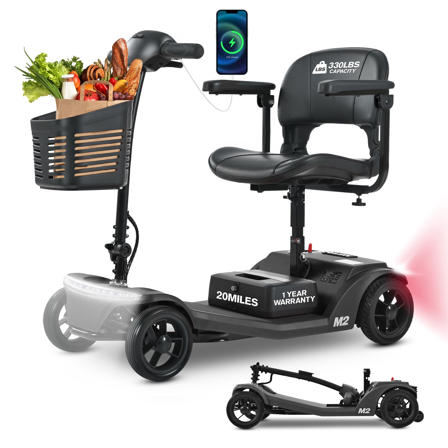 ENYOPRO 4 Wheel Electric Scooter for Adults, Foldable All-Terrain Mobility Scooter for Seniors with Bright Headlights, USB Port, Basket and Long-Range Battery