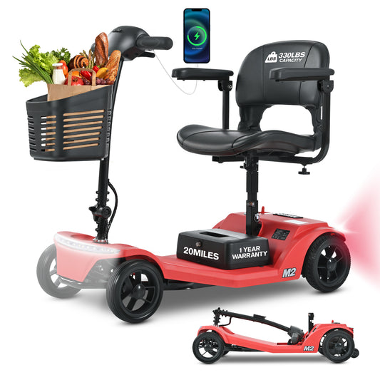 ENYOPRO Lightweight Mobility Scooters for Seniors, Foldable All-Terrain 4 Wheel Electric Mobility Scooter with Lithium Battery, USB Port, 330lbs, Car light, Basket Storage
